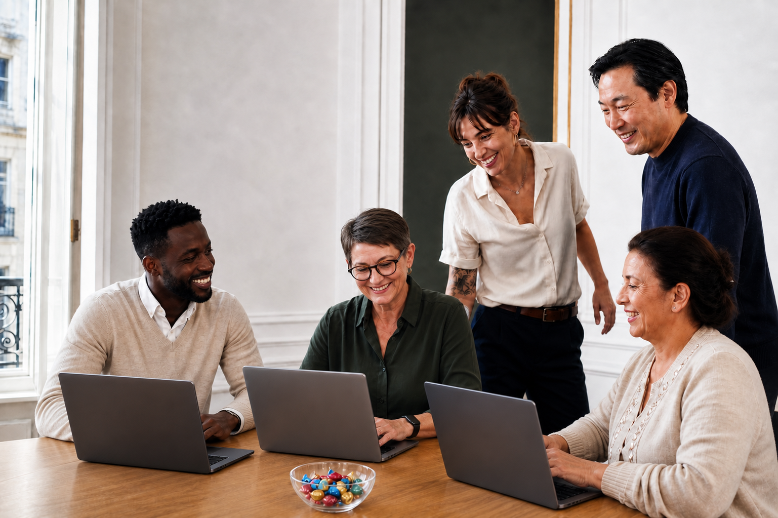 Équipe multigénérationnelle souriante travaillant ensemble sur leurs ordinateurs portables