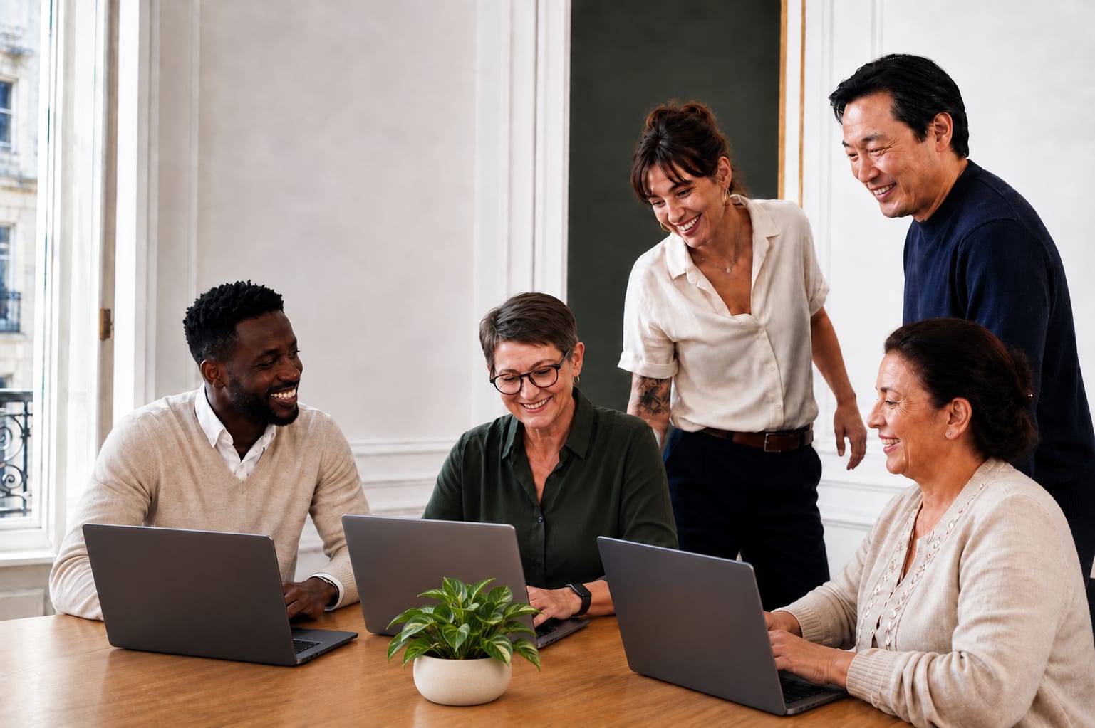 Équipe multigénérationnelle souriante travaillant ensemble sur leurs ordinateurs portables